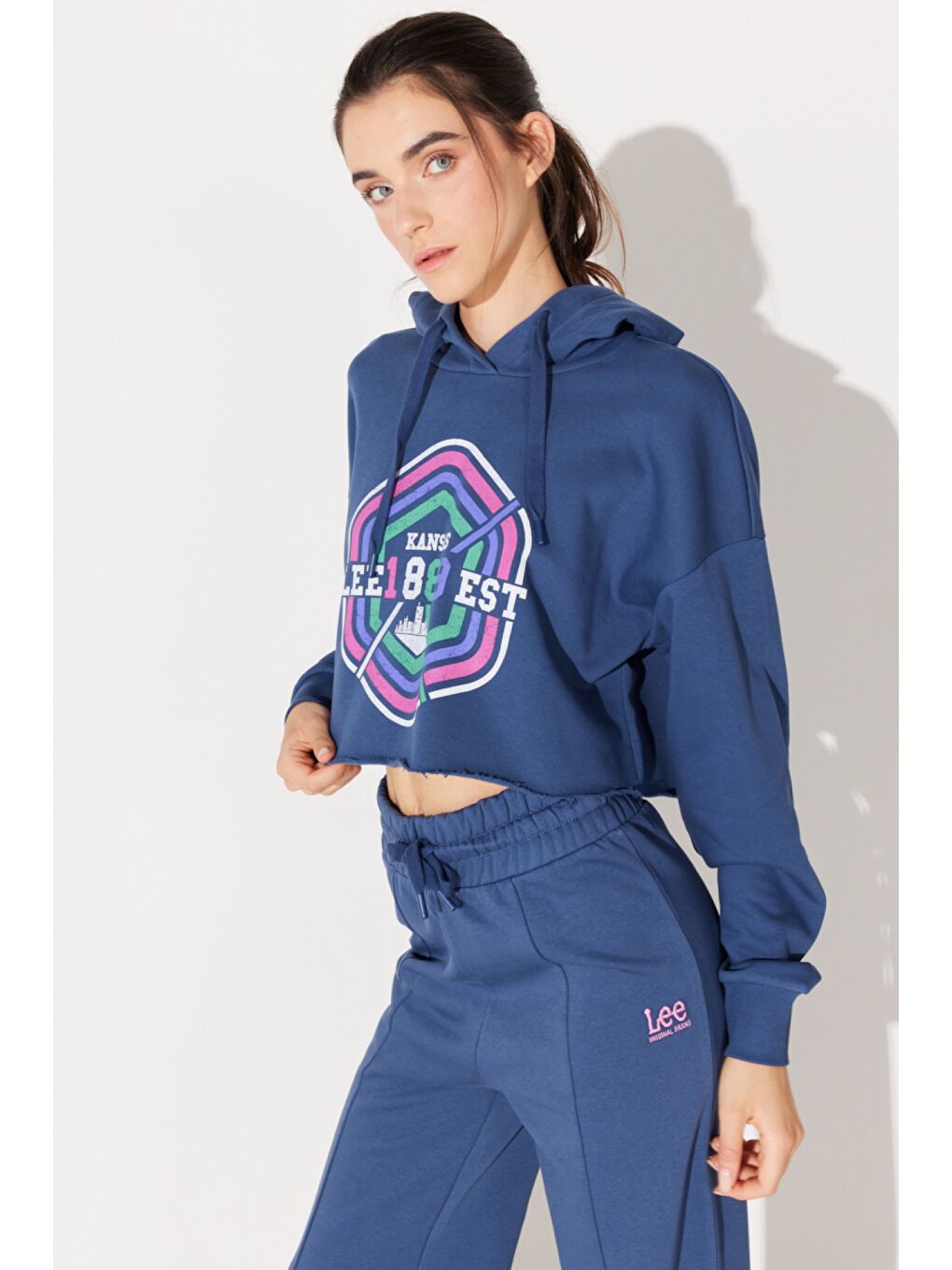 Yeşil Regular Fit Normal Kesim Kapüşonlu Şardonlu Crop Mavi Sweatshirt-2