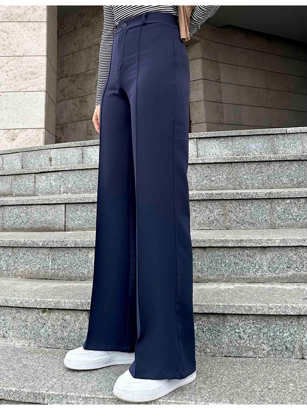 Çımalı Bol Paça Pantolon Lacivert-2