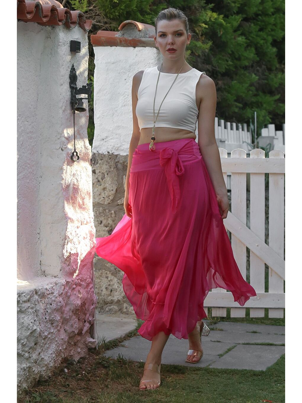 İtalyan Pembe Astarlı Lastikli Bel Casual İpek Uzun Dokuma Etek 98 60-3