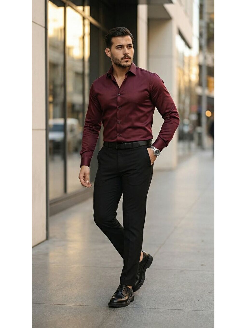 Bordo Erkek Saten Klasik Gömlek-1