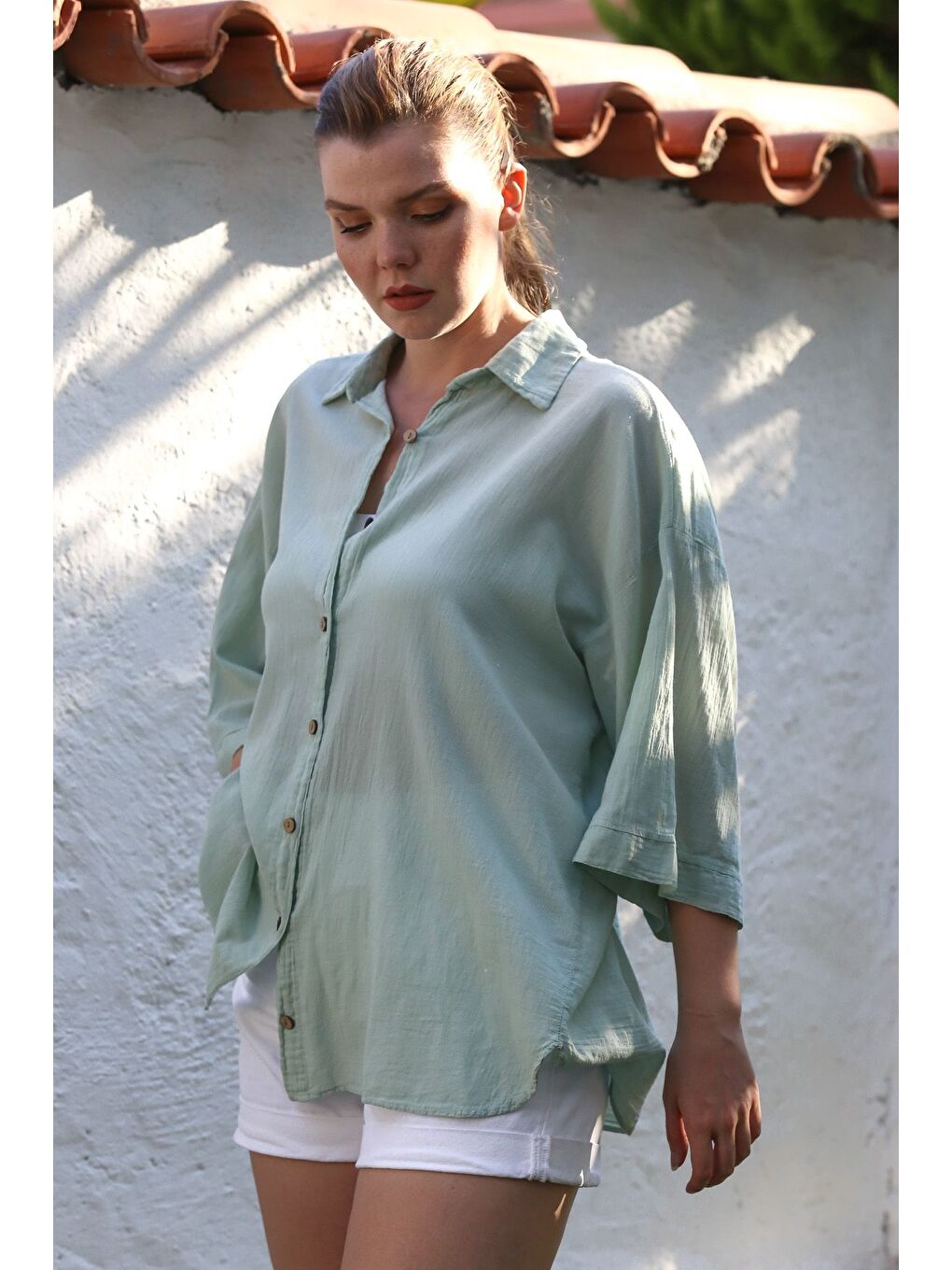 Yeşil Mint Gömlek Yaka 3/4 Kol Düğmeli Yıkamalı Casual Oversize Dokuma Gömlek 75 68-3
