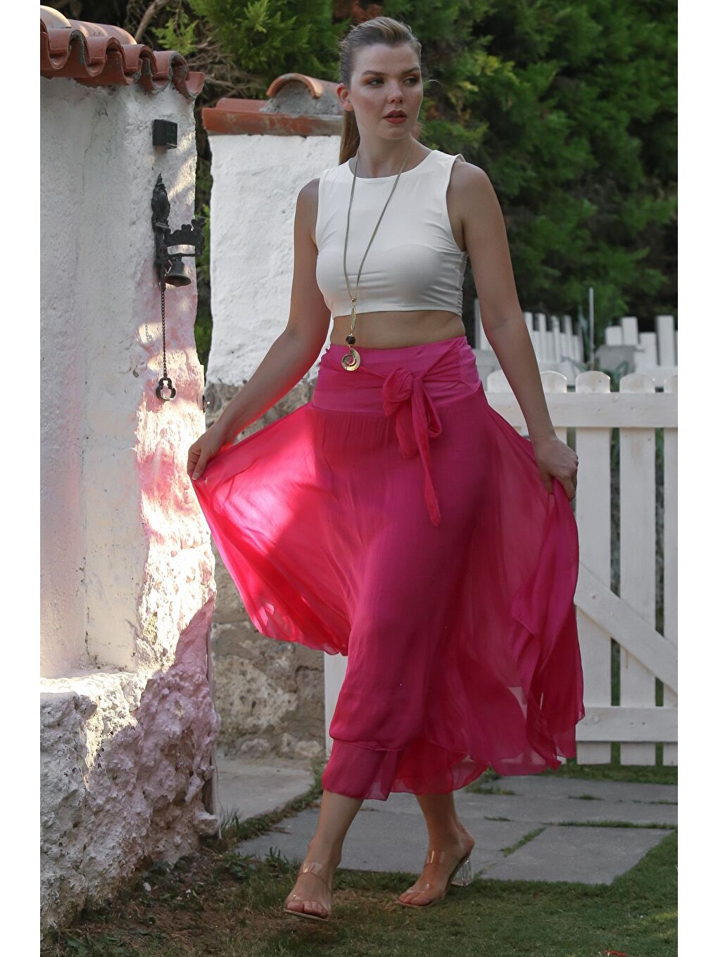 İtalyan Pembe Astarlı Lastikli Bel Casual İpek Uzun Dokuma Etek 98 60-4