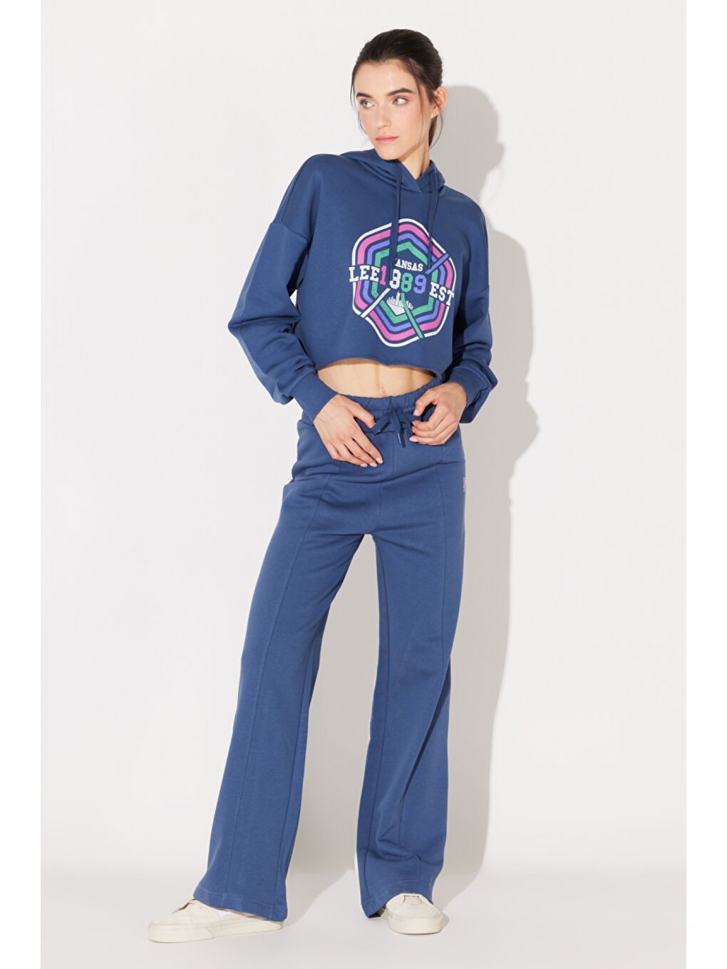 Yeşil Regular Fit Normal Kesim Kapüşonlu Şardonlu Crop Mavi Sweatshirt-3