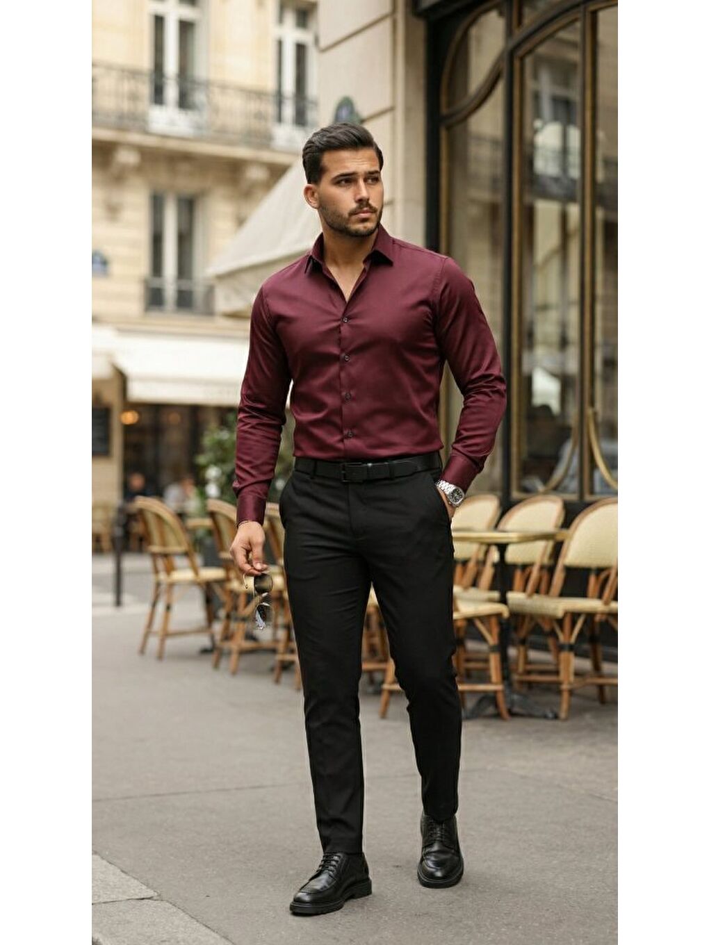 Bordo Erkek Saten Klasik Gömlek-2