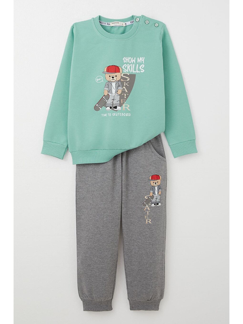 Turkuaz Erkek Bebek Eşofman Takım Kaykaycı Sevimli Ayıcık Baskılı Su Yeşili (1 Yaş)