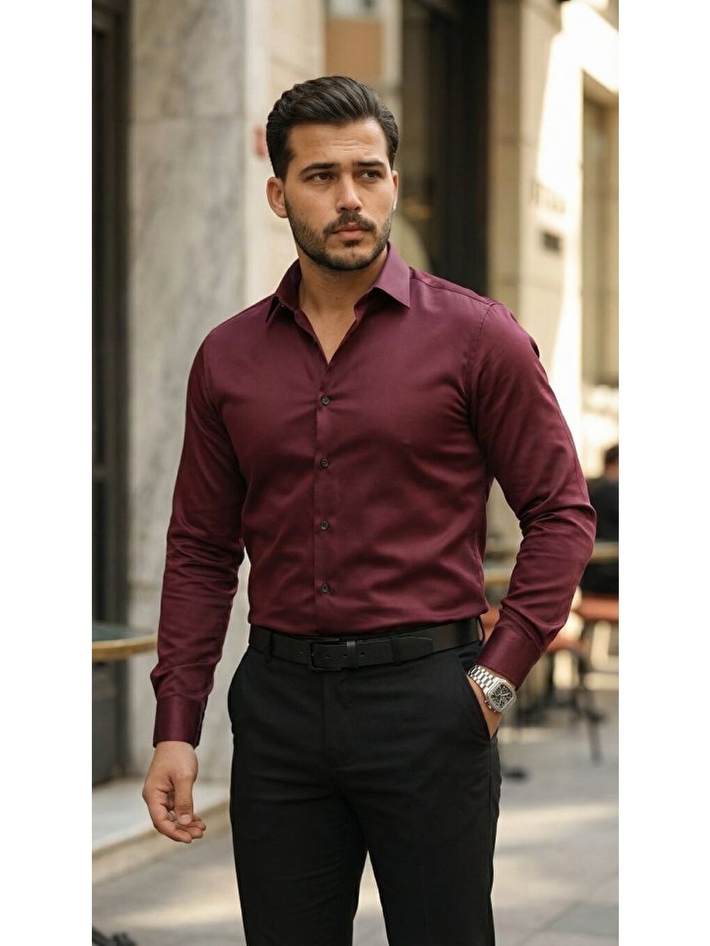 Bordo Erkek Saten Klasik Gömlek-3