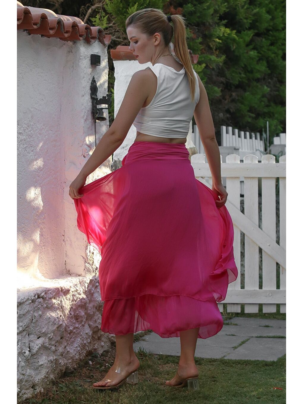 İtalyan Pembe Astarlı Lastikli Bel Casual İpek Uzun Dokuma Etek 98 60-5