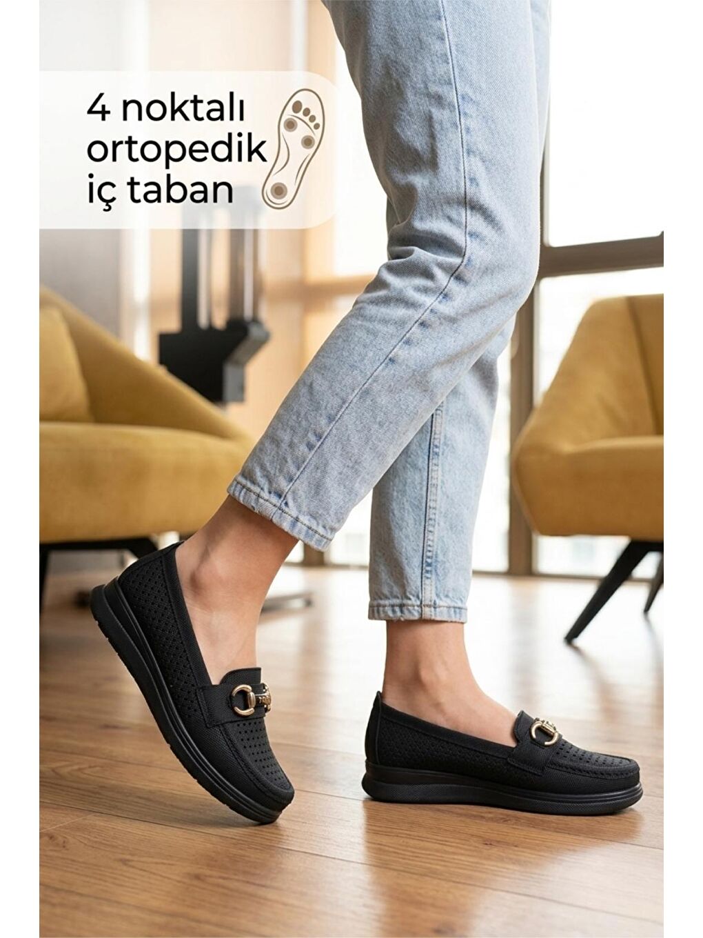 Siyah Wnt 201 Kadın Lazer Kesim 4 Noktalı Ortopedik  Günlük Loafer Anne Ayakkabı-1