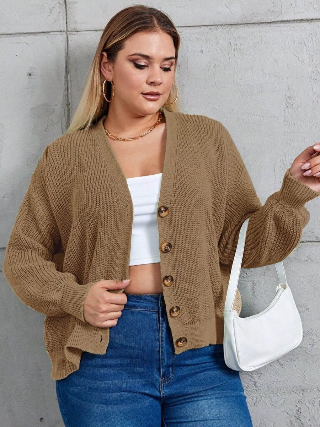 Kahverengi Kadın Beş Düğme Büyük Beden Triko Hırka