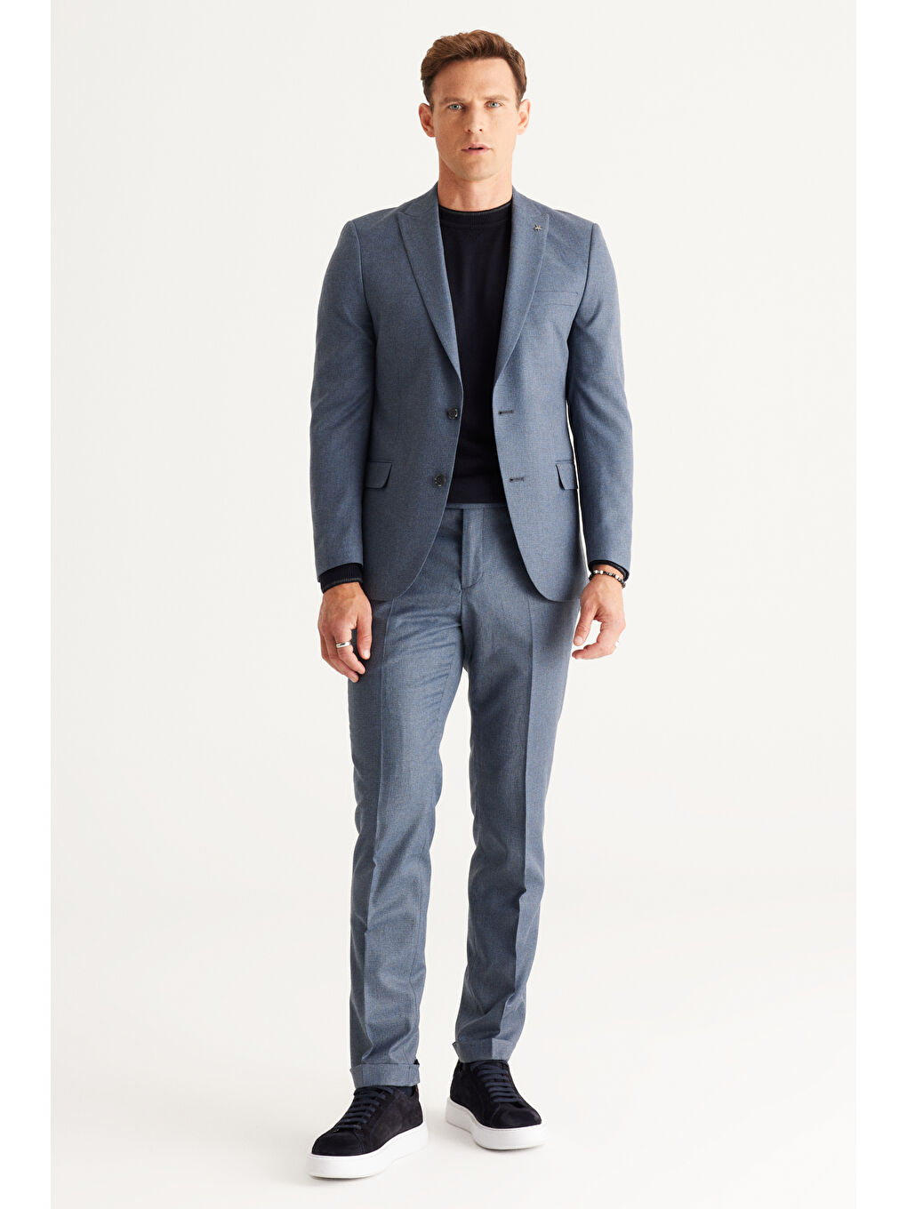 Erkek Mavi-Gri Slim Fit Dar Kesim Kırlangıç Yaka Desenli Takım Elbise