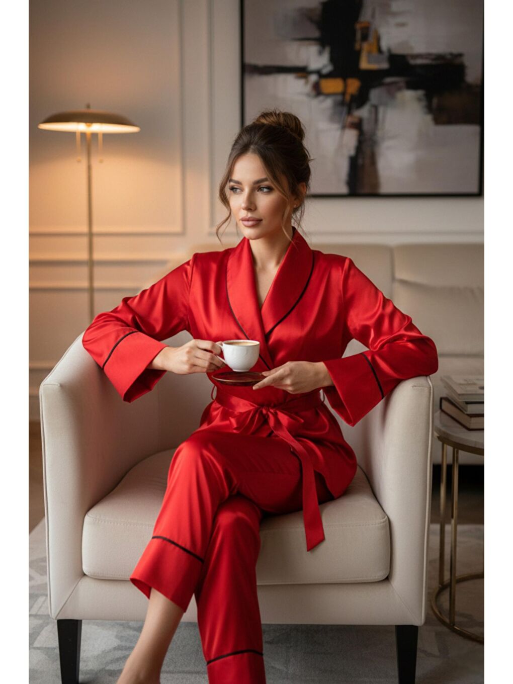 Kırmızı Soft Glow Şal Yaka Uzun Kol Saten Pijama Takımı