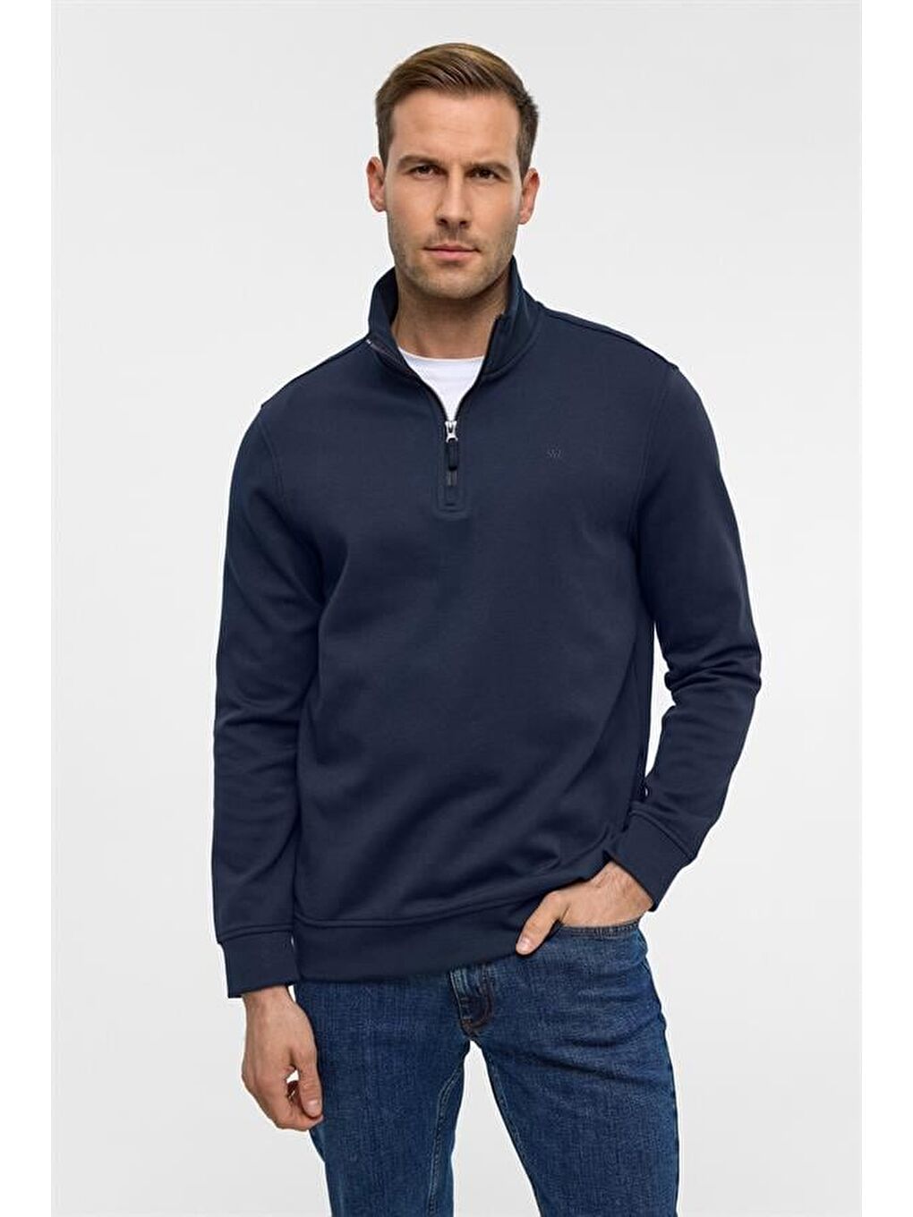 Lacivert Regular Düz Yarım Balıkçı Yaka Sweatshirt-1