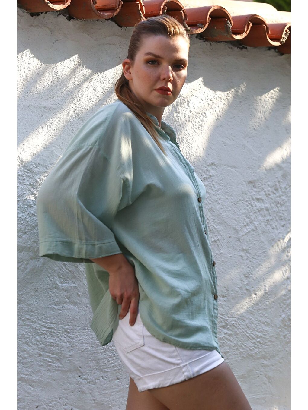 Yeşil Mint Gömlek Yaka 3/4 Kol Düğmeli Yıkamalı Casual Oversize Dokuma Gömlek 75 68-5