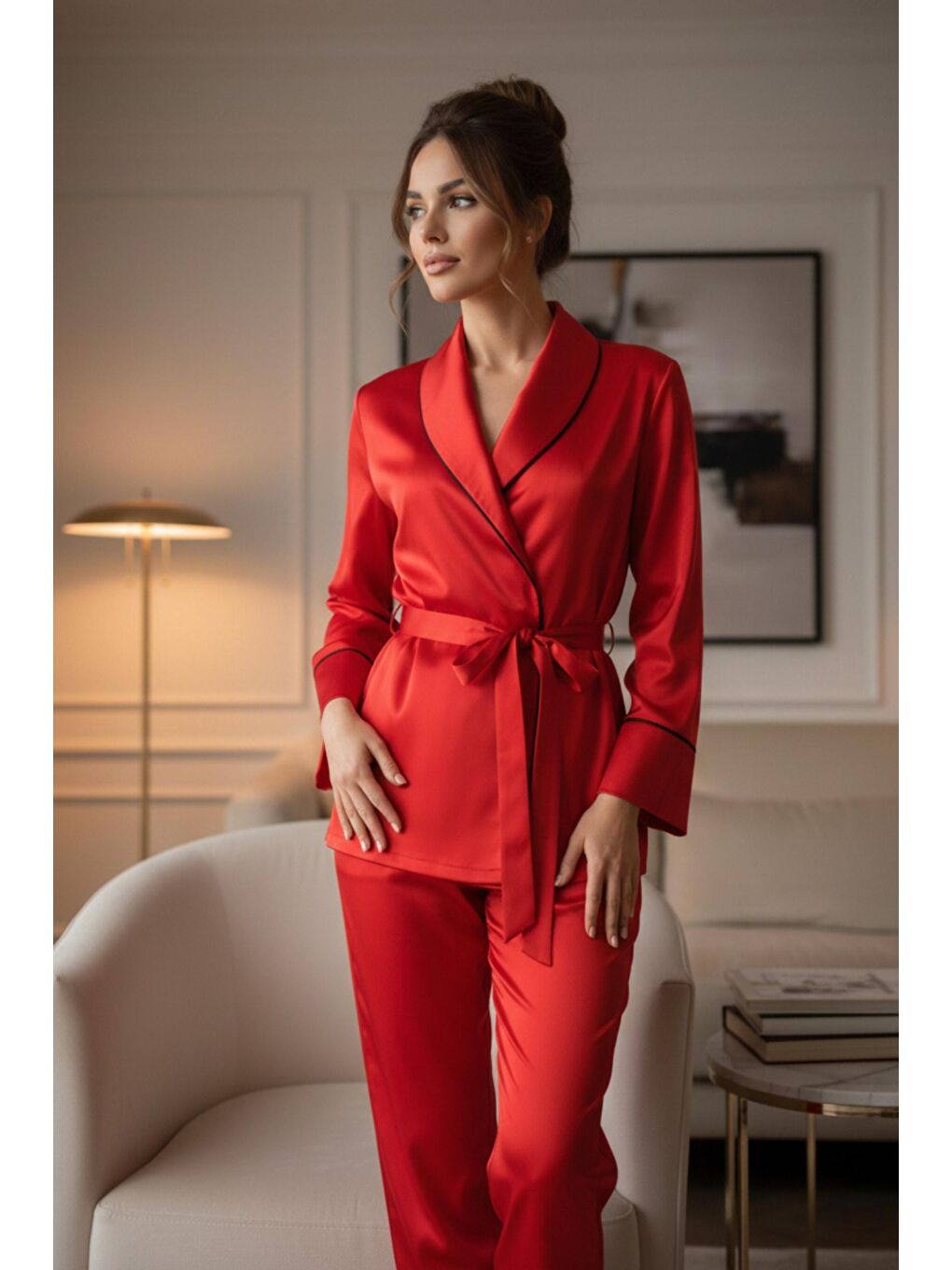 Kırmızı Soft Glow Şal Yaka Uzun Kol Saten Pijama Takımı-1