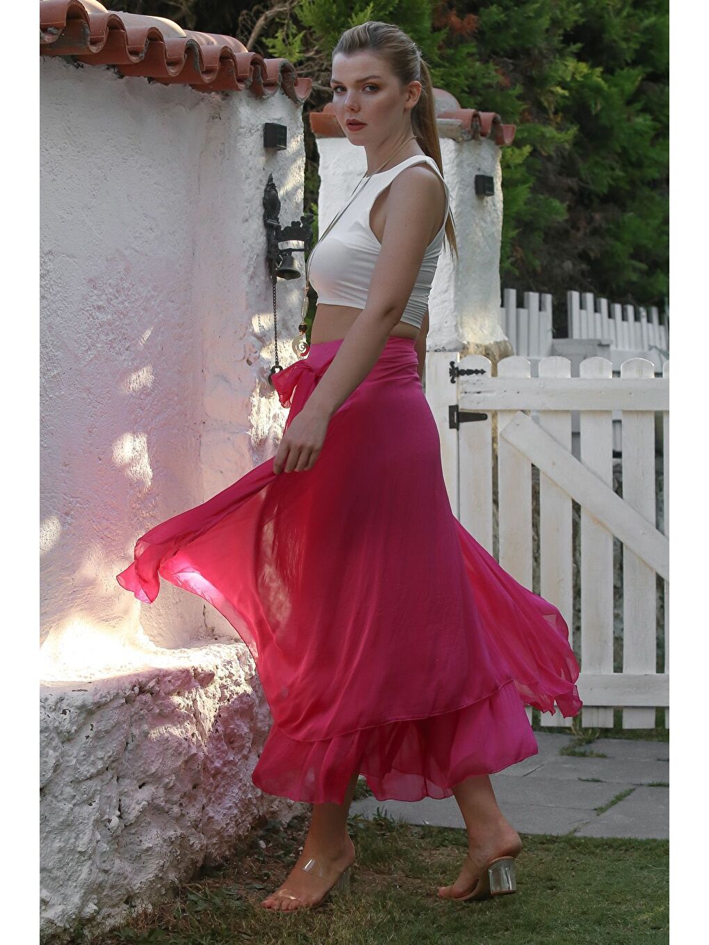 İtalyan Pembe Astarlı Lastikli Bel Casual İpek Uzun Dokuma Etek 98 60-6