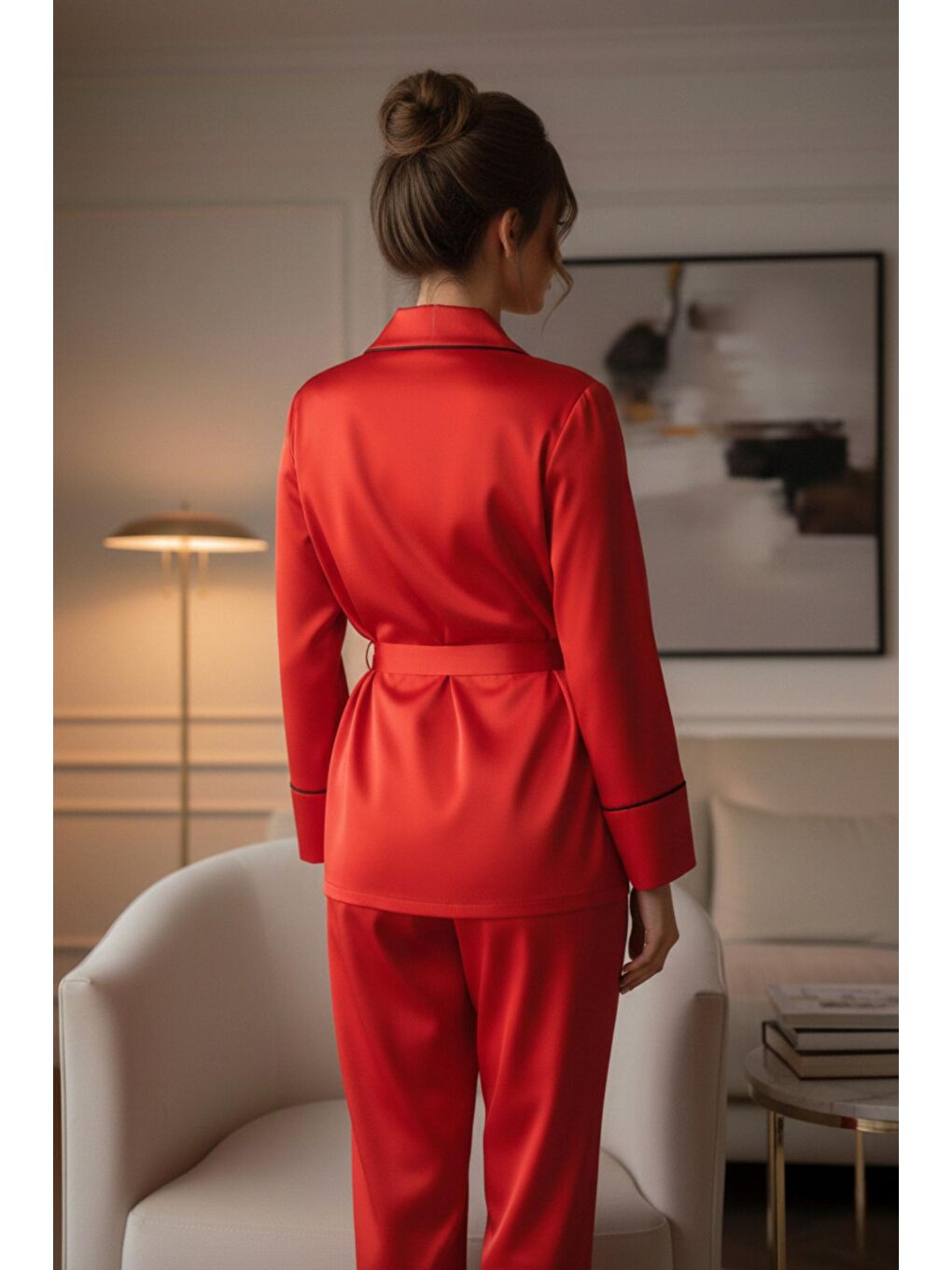 Kırmızı Soft Glow Şal Yaka Uzun Kol Saten Pijama Takımı-2