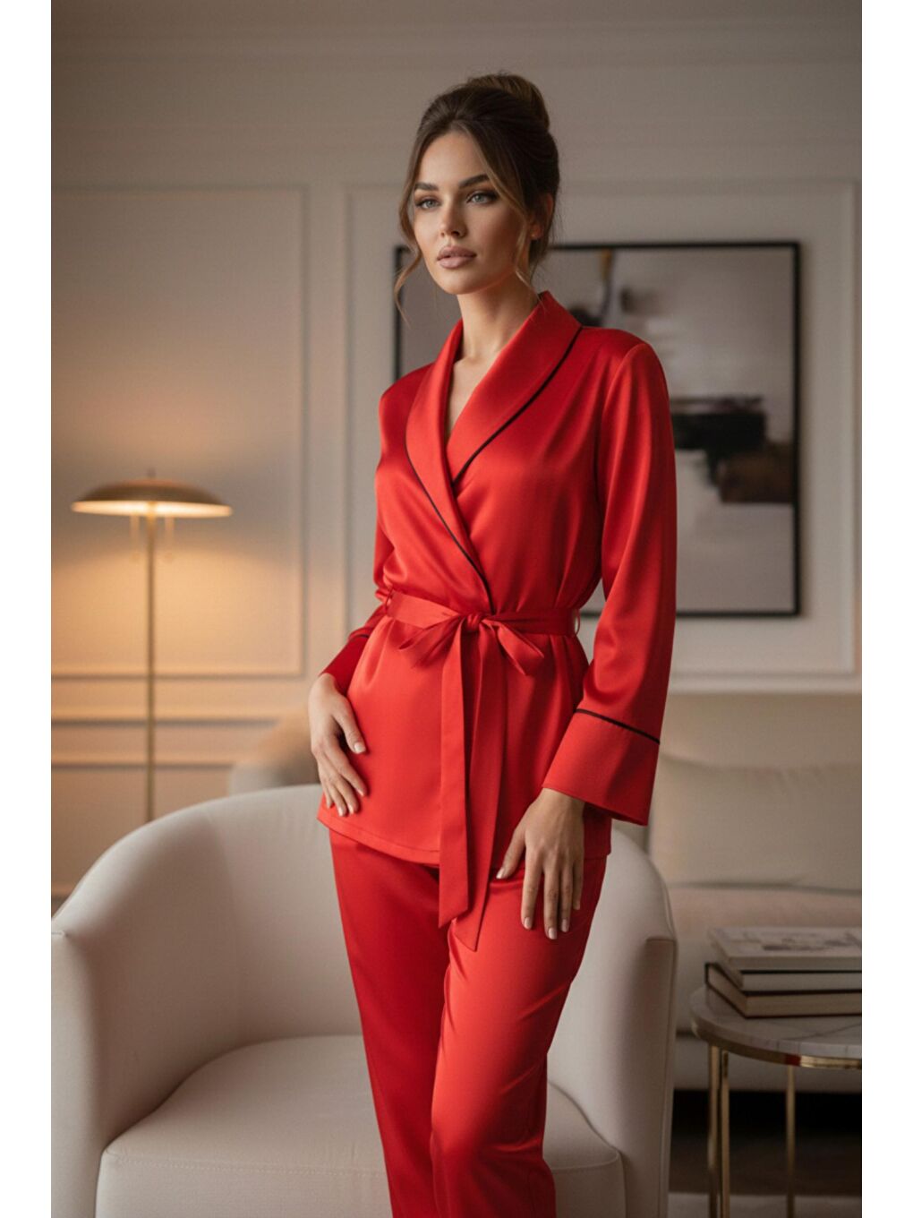 Kırmızı Soft Glow Şal Yaka Uzun Kol Saten Pijama Takımı-3