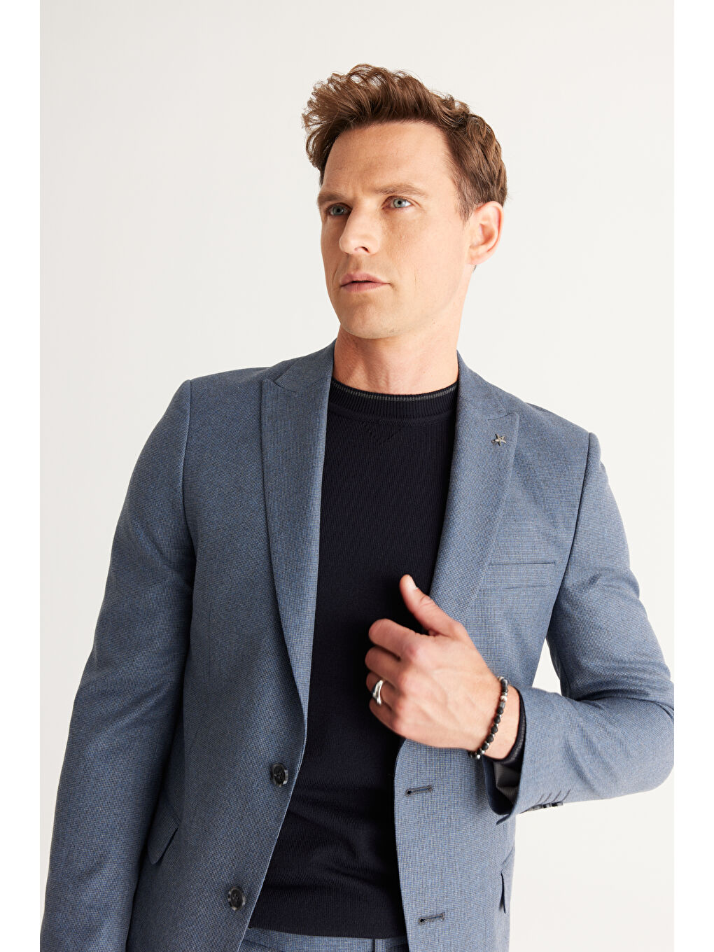 Erkek Mavi-Gri Slim Fit Dar Kesim Kırlangıç Yaka Desenli Takım Elbise-2