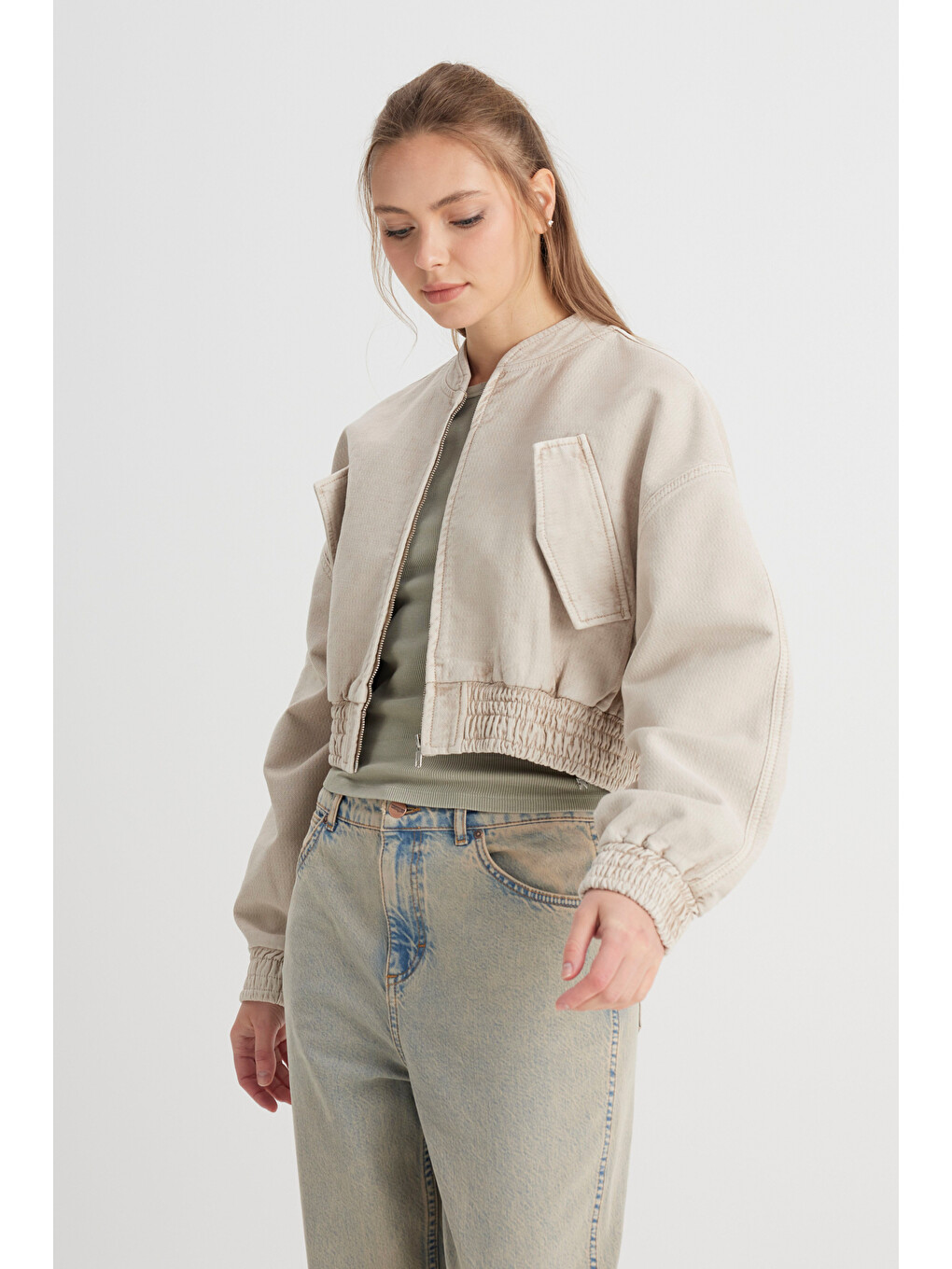Slim Fit Dar Kesim Bisiklet Yaka %100 Pamuk Bej Bomber Ceket-1