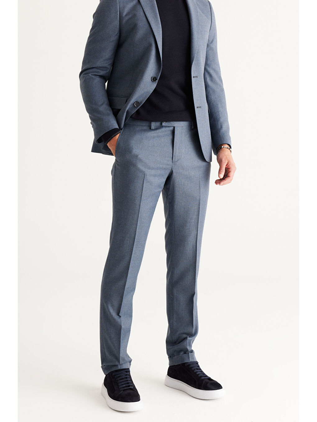 Erkek Mavi-Gri Slim Fit Dar Kesim Kırlangıç Yaka Desenli Takım Elbise-3