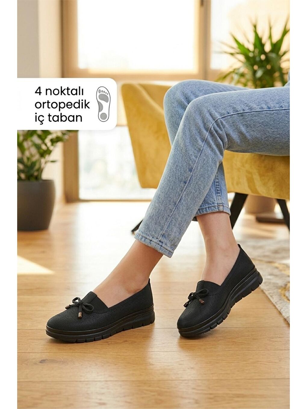 Siyah Wnt 107 Kadın Lazer Kesim 4 Noktalı Ortopedik Günlük Loafer Anne Ayakkabı