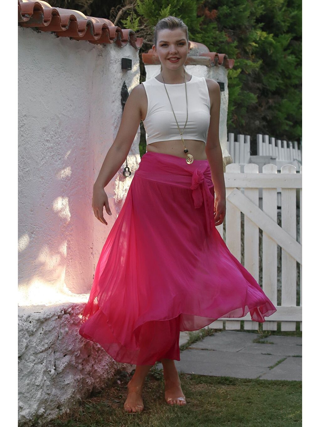 İtalyan Pembe Astarlı Lastikli Bel Casual İpek Uzun Dokuma Etek 98 60-7