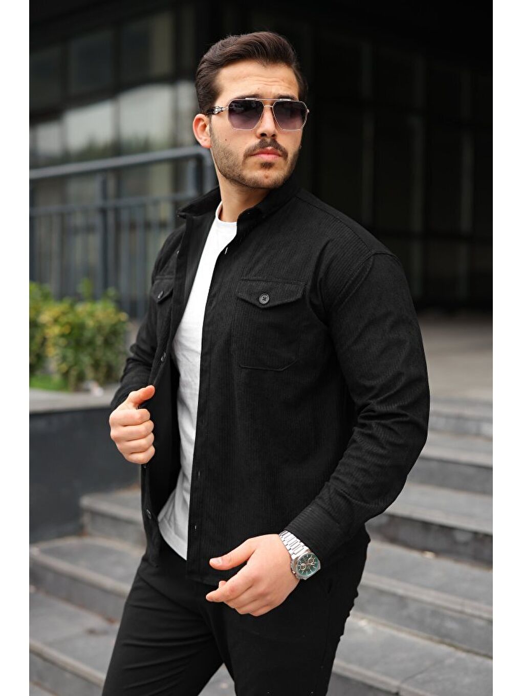 Siyah Erkek Uzun Kollu Cepli Kadife Gömlek-2