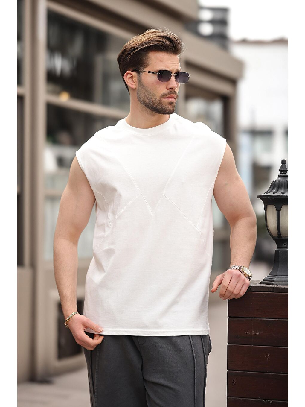 Ekru Kolsuz %100 Pamuklu Basic Erkek T-Shirt E7137