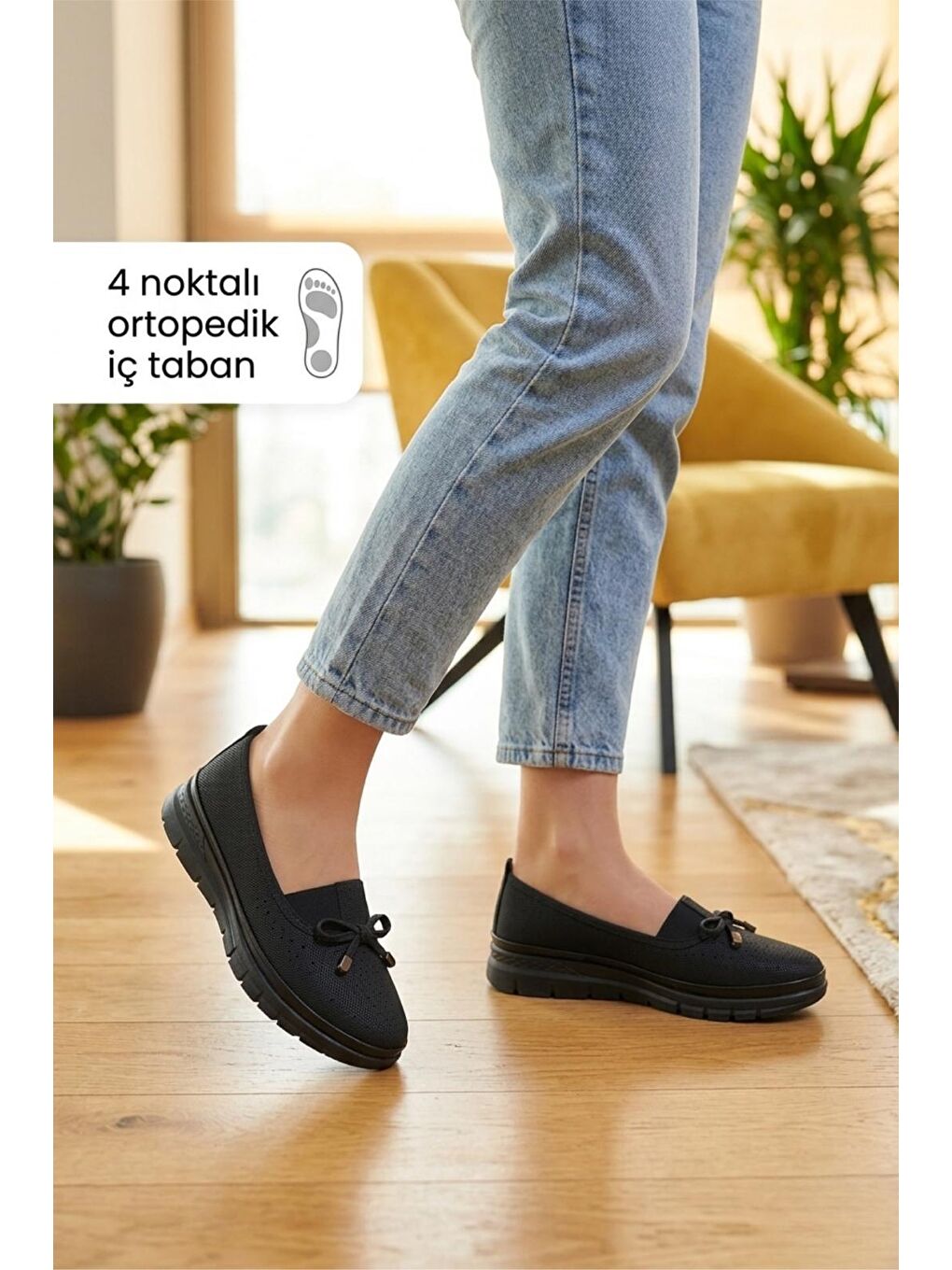 Siyah Wnt 107 Kadın Lazer Kesim 4 Noktalı Ortopedik Günlük Loafer Anne Ayakkabı-1