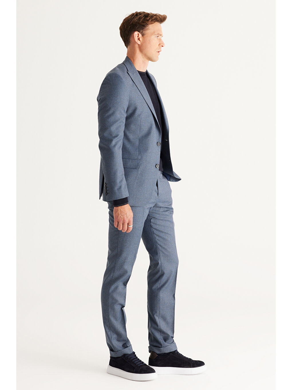 Erkek Mavi-Gri Slim Fit Dar Kesim Kırlangıç Yaka Desenli Takım Elbise-4