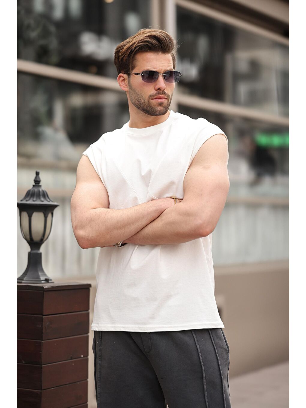 Ekru Kolsuz %100 Pamuklu Basic Erkek T-Shirt E7137-1