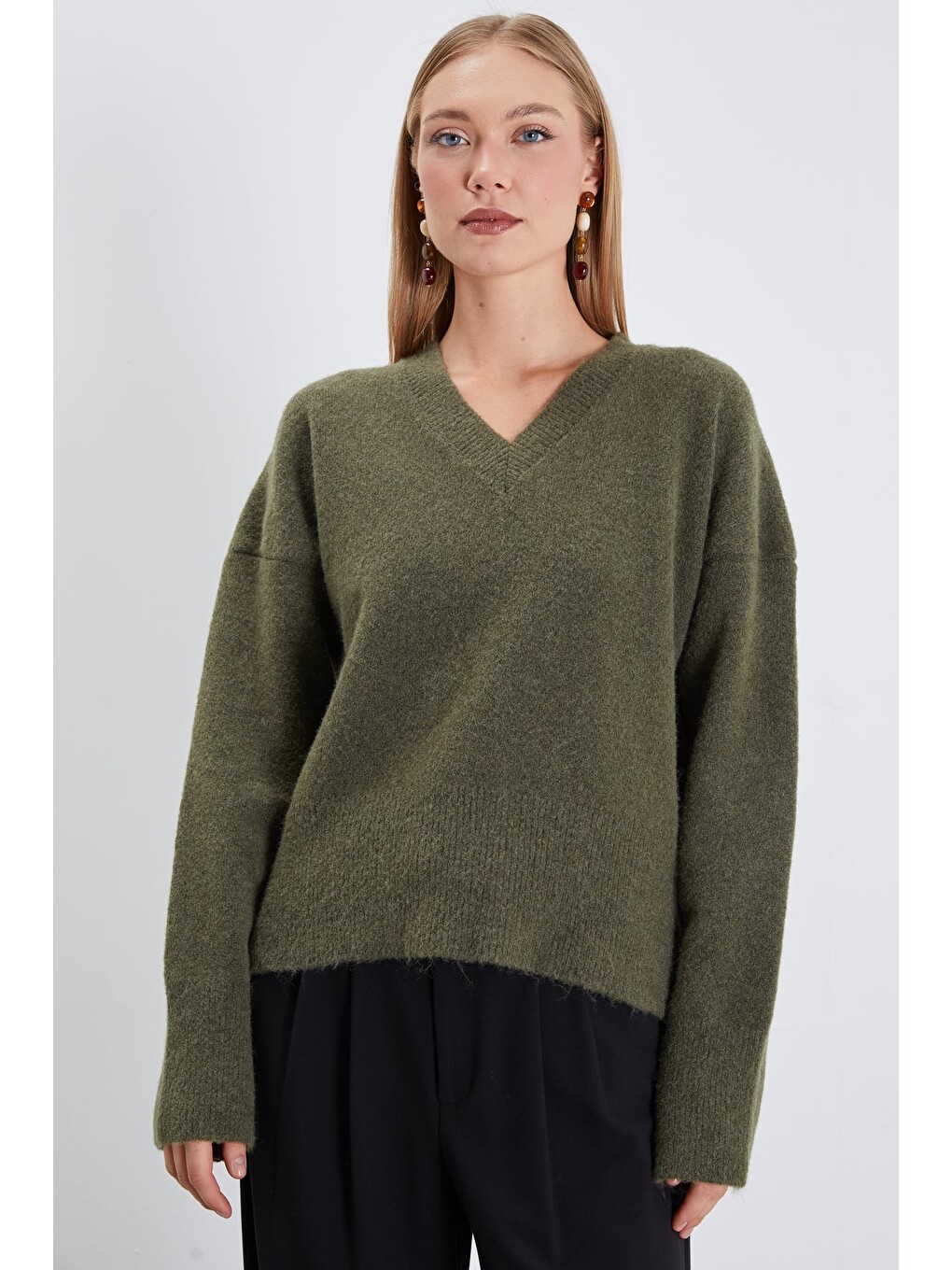 Haki Basic V Yaka Oversize Triko Kazak-1