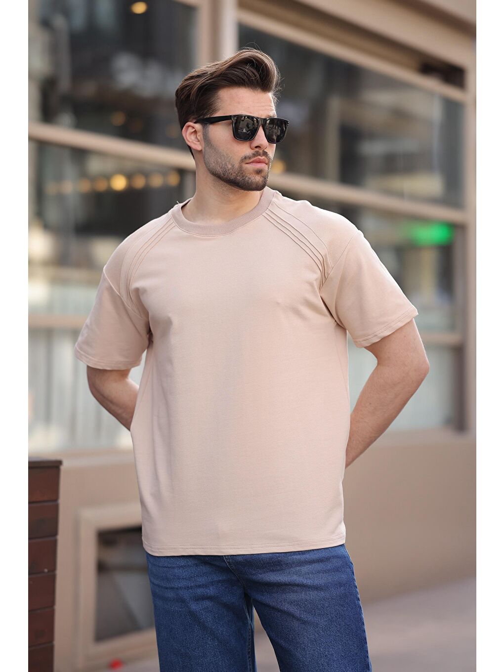 Bej Bisiklet Yaka Basic Erkek T-Shirt E7138