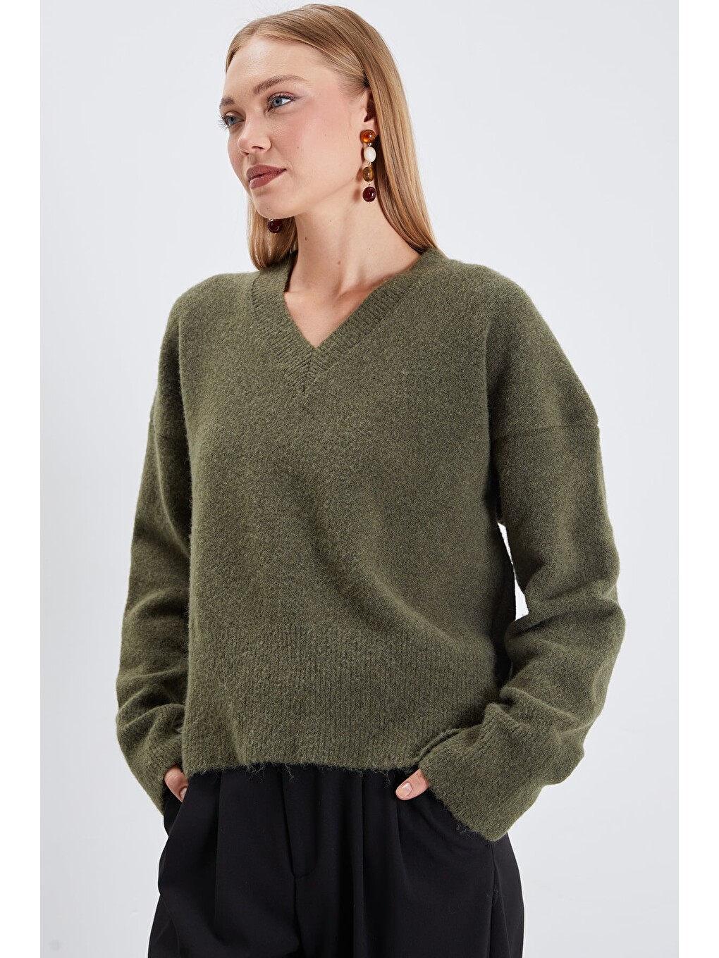 Haki Basic V Yaka Oversize Triko Kazak-2