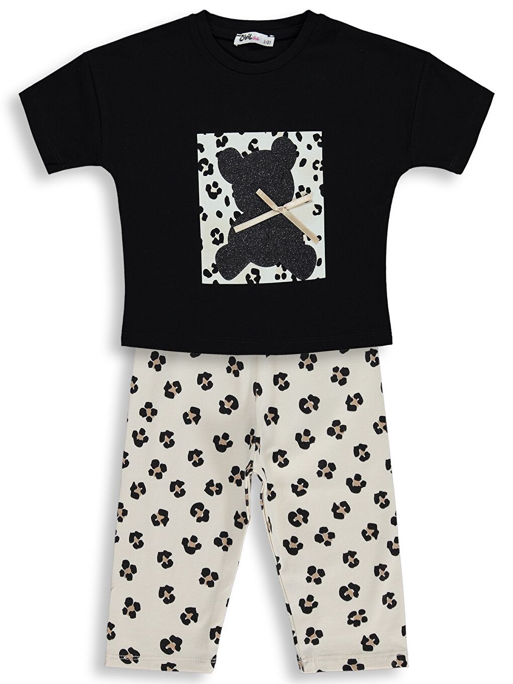 Girls Leopar Ayıcık Desenli 2-5 Yaş Takım - Siyah