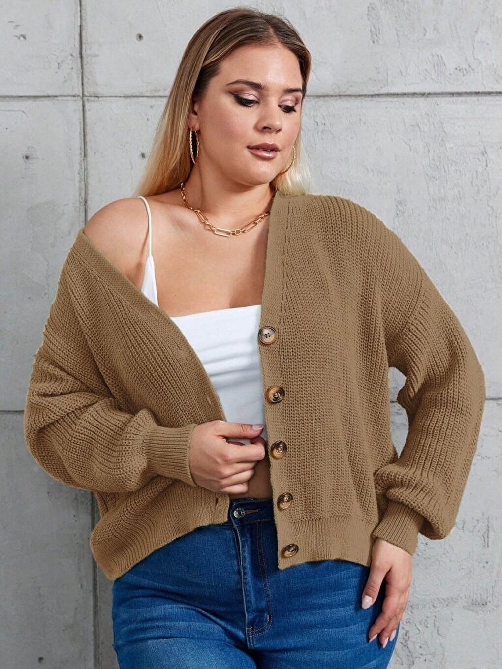 Kahverengi Kadın Beş Düğme Büyük Beden Triko Hırka-2