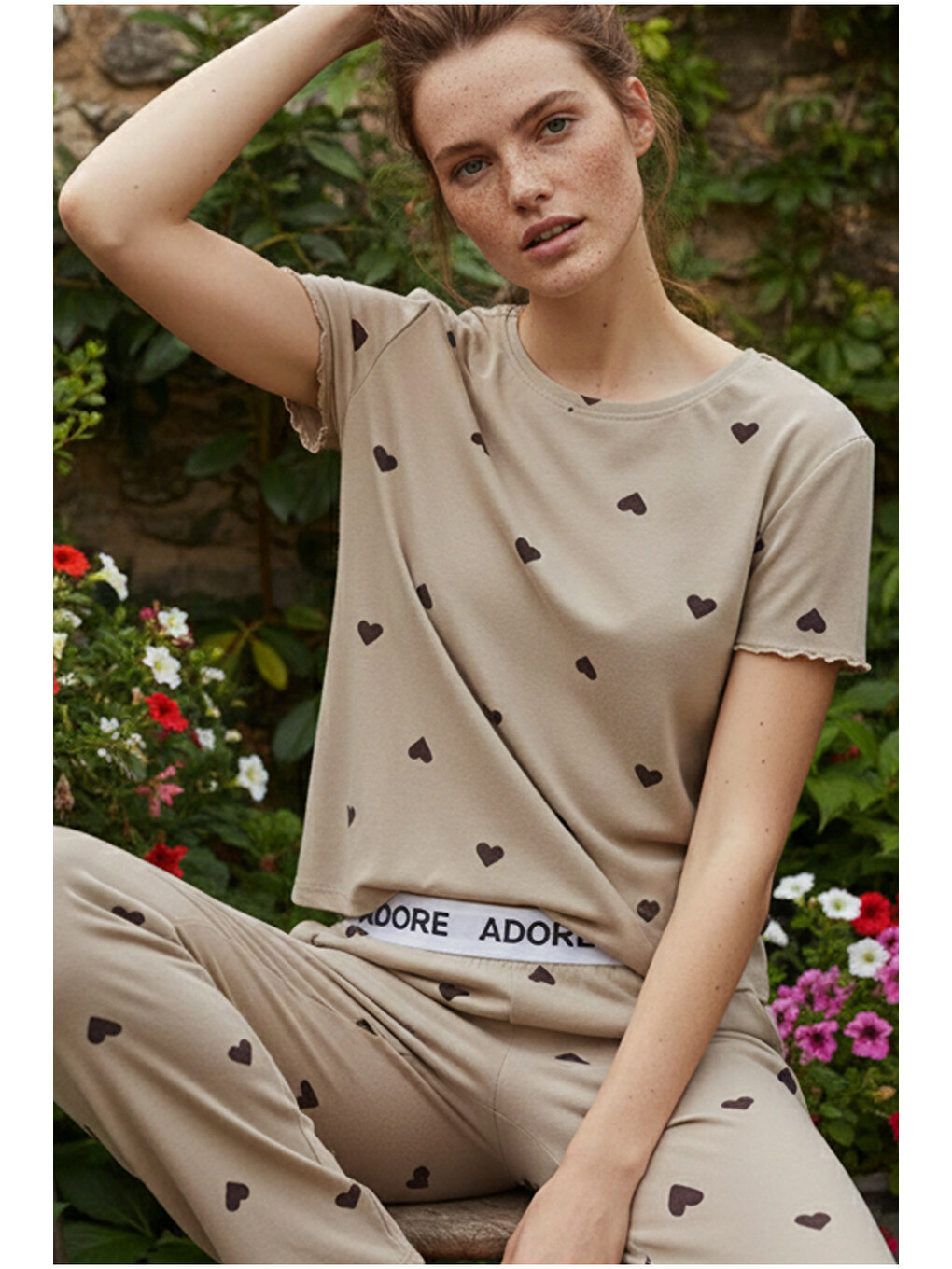 Yeşil Kalp Desenli Lastikli Fitilli Kaşkorse Örme Pijama Takım26120601
