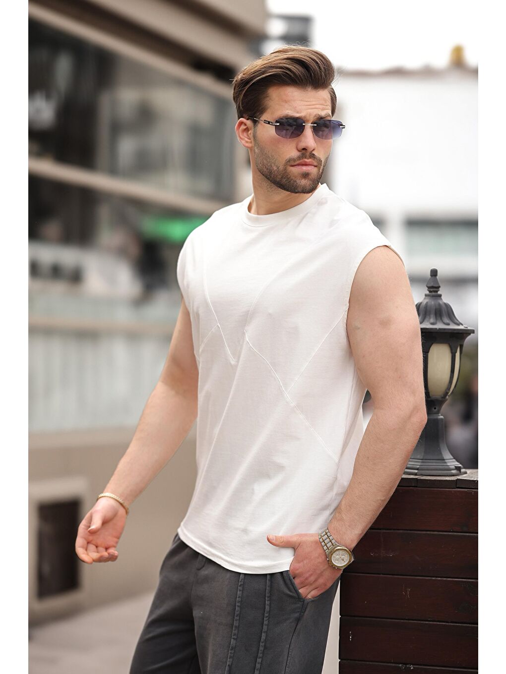 Ekru Kolsuz %100 Pamuklu Basic Erkek T-Shirt E7137-2