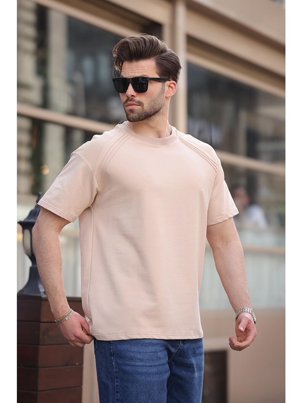 Bej Bisiklet Yaka Basic Erkek T-Shirt E7138-1