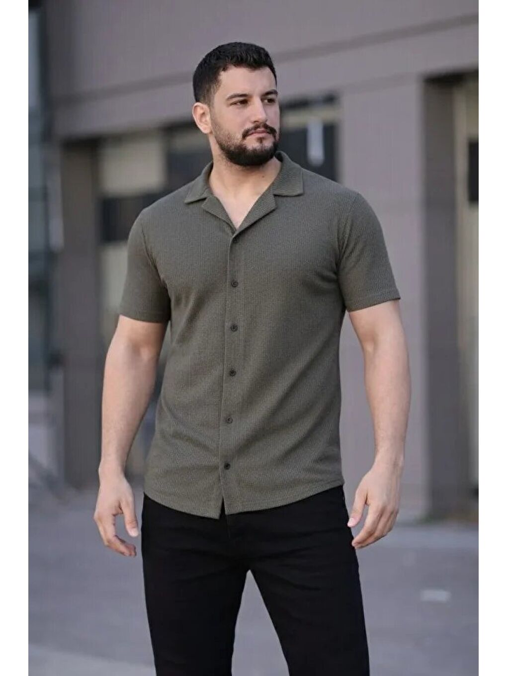 Erkek Waffle Kumaş Kısa Kollu Düğmeli Açık Yaka Regular Fit Gömlek - Haki-1