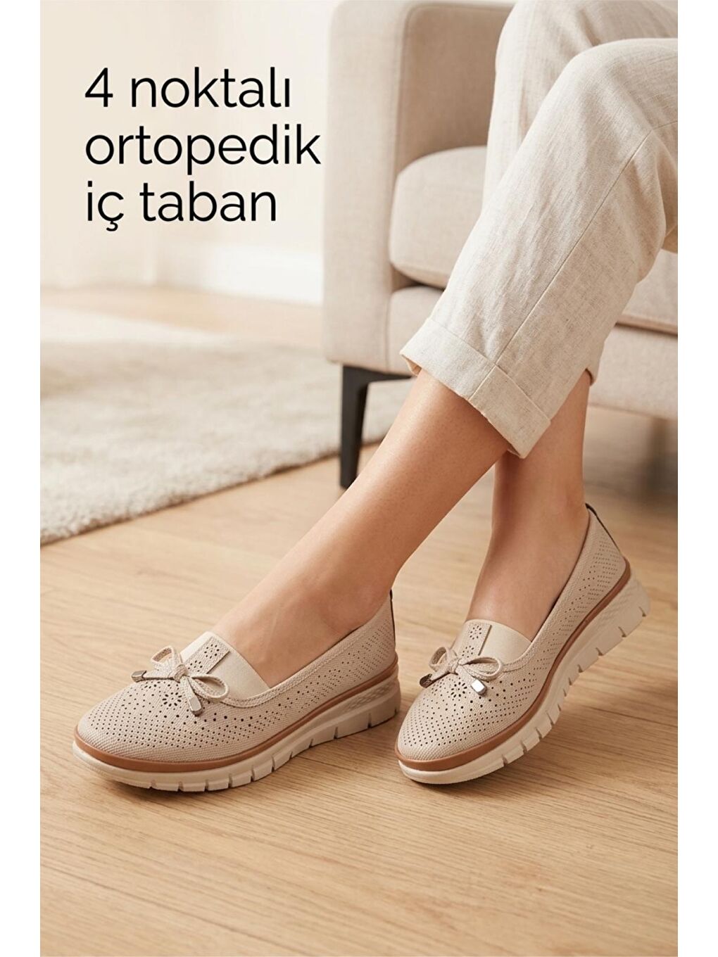 Ekru Wnt 107 Kadın Lazer Kesim 4 Noktalı Ortopedik  Günlük Loafer Anne Ayakkabı-1