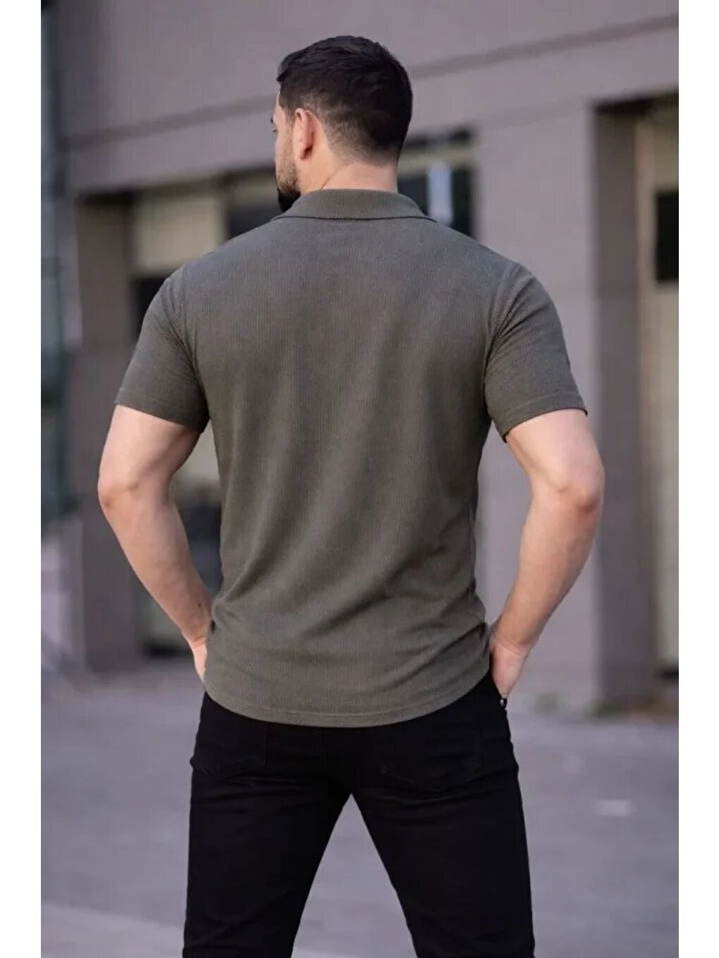 Erkek Waffle Kumaş Kısa Kollu Düğmeli Açık Yaka Regular Fit Gömlek - Haki-2