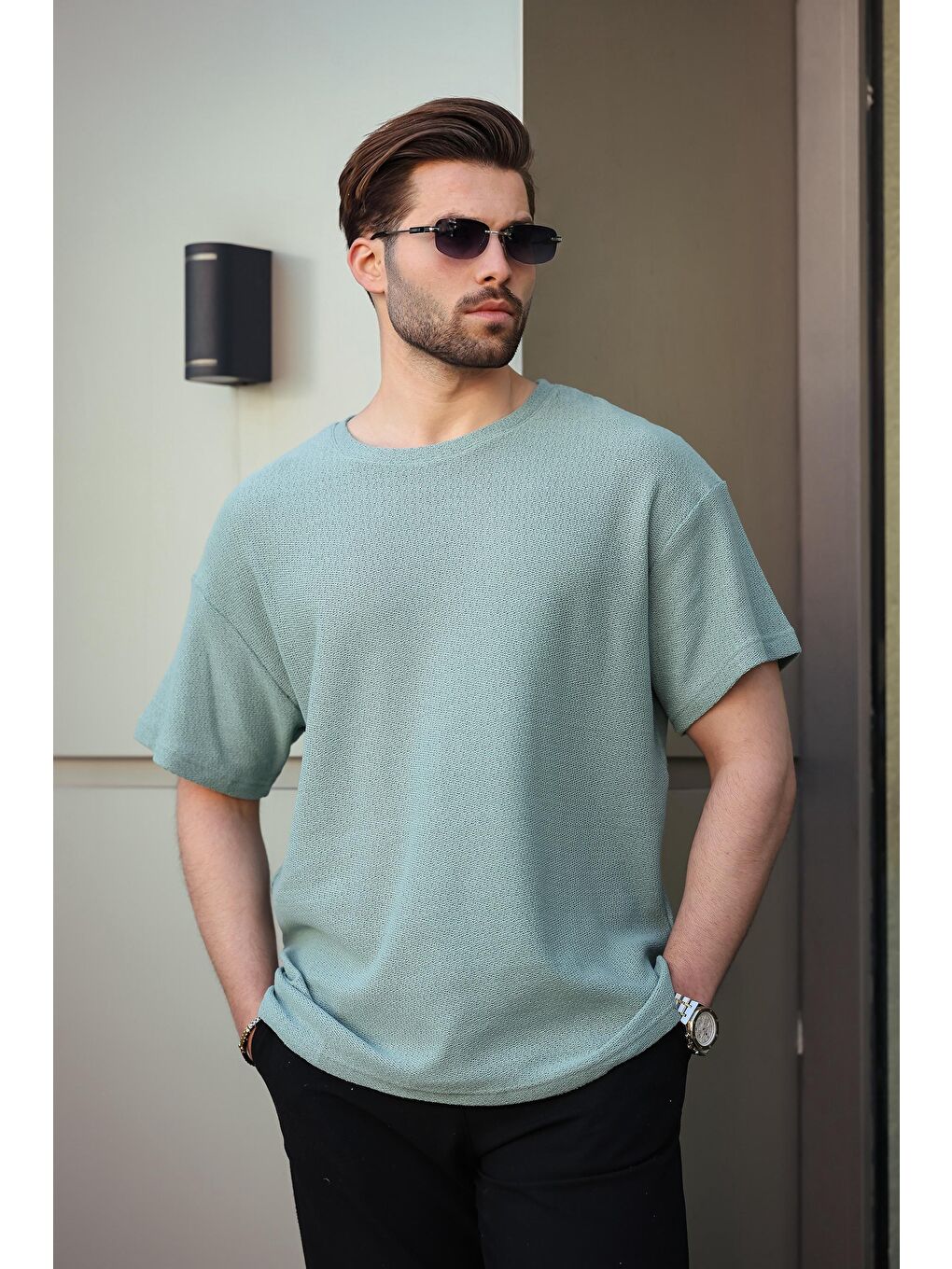 Mint Yeşili Bisiklet Yaka Oversize Erkek T-Shirt E7134-3