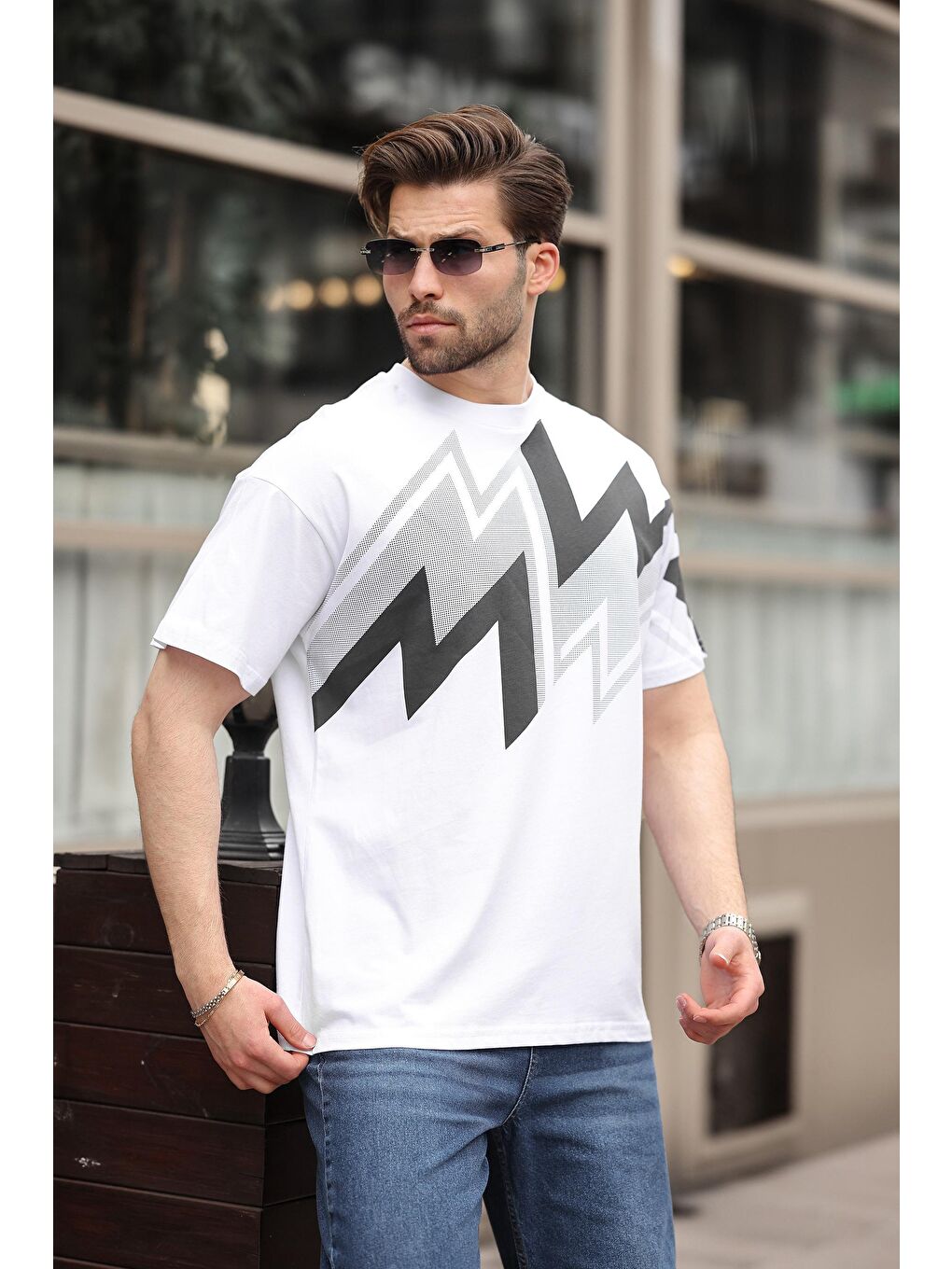 Beyaz Baskılı %100 Pamuk Erkek T-Shirt