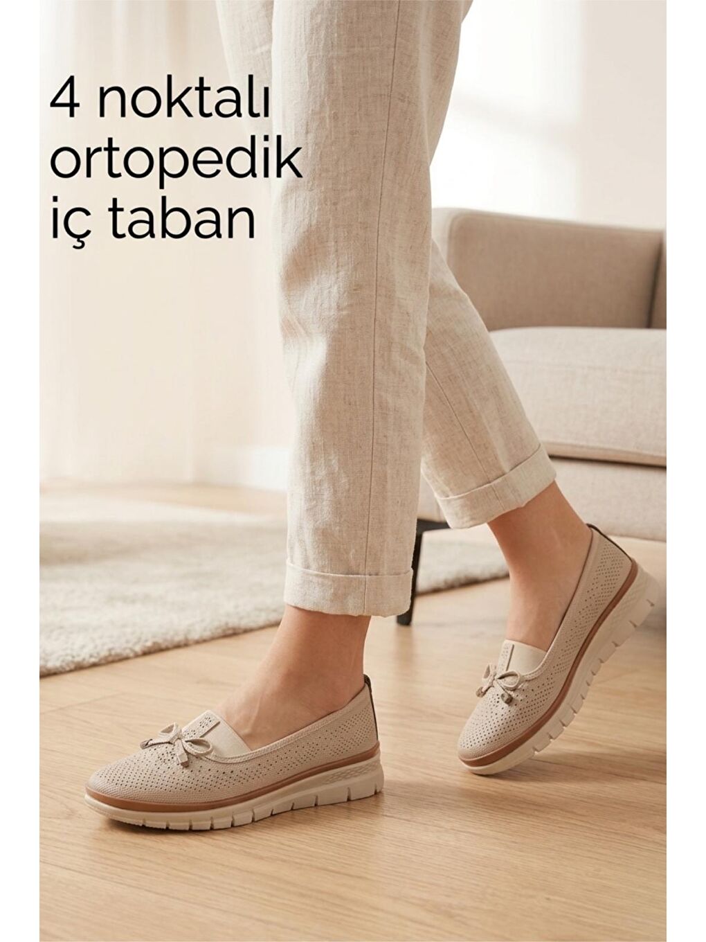 Ekru Wnt 107 Kadın Lazer Kesim 4 Noktalı Ortopedik  Günlük Loafer Anne Ayakkabı-2