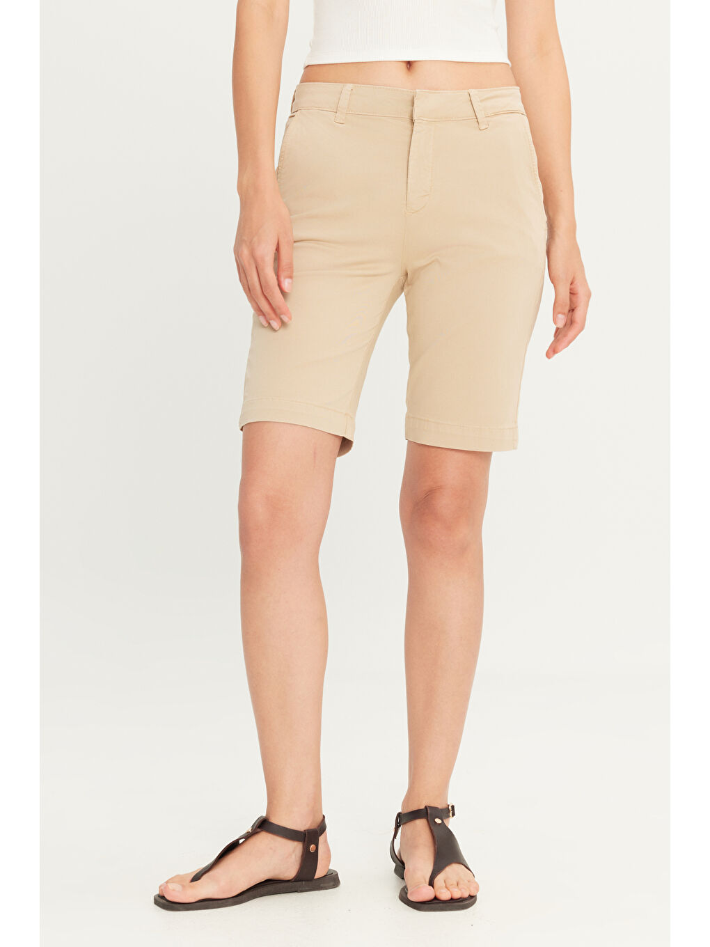 Bej Regular Fit Normal Kesim Normal Bel Taş Rengi Chino Şort-2