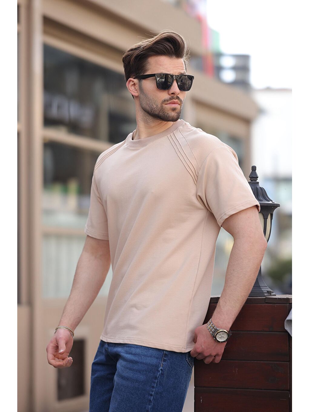 Bej Bisiklet Yaka Basic Erkek T-Shirt E7138-2