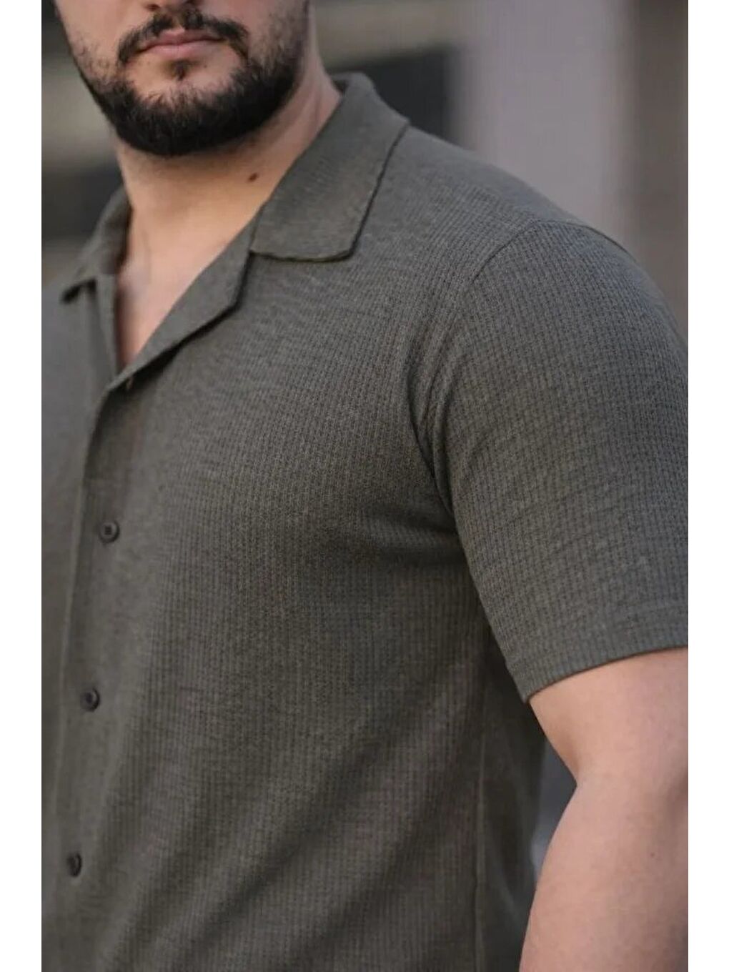 Erkek Waffle Kumaş Kısa Kollu Düğmeli Açık Yaka Regular Fit Gömlek - Haki-3