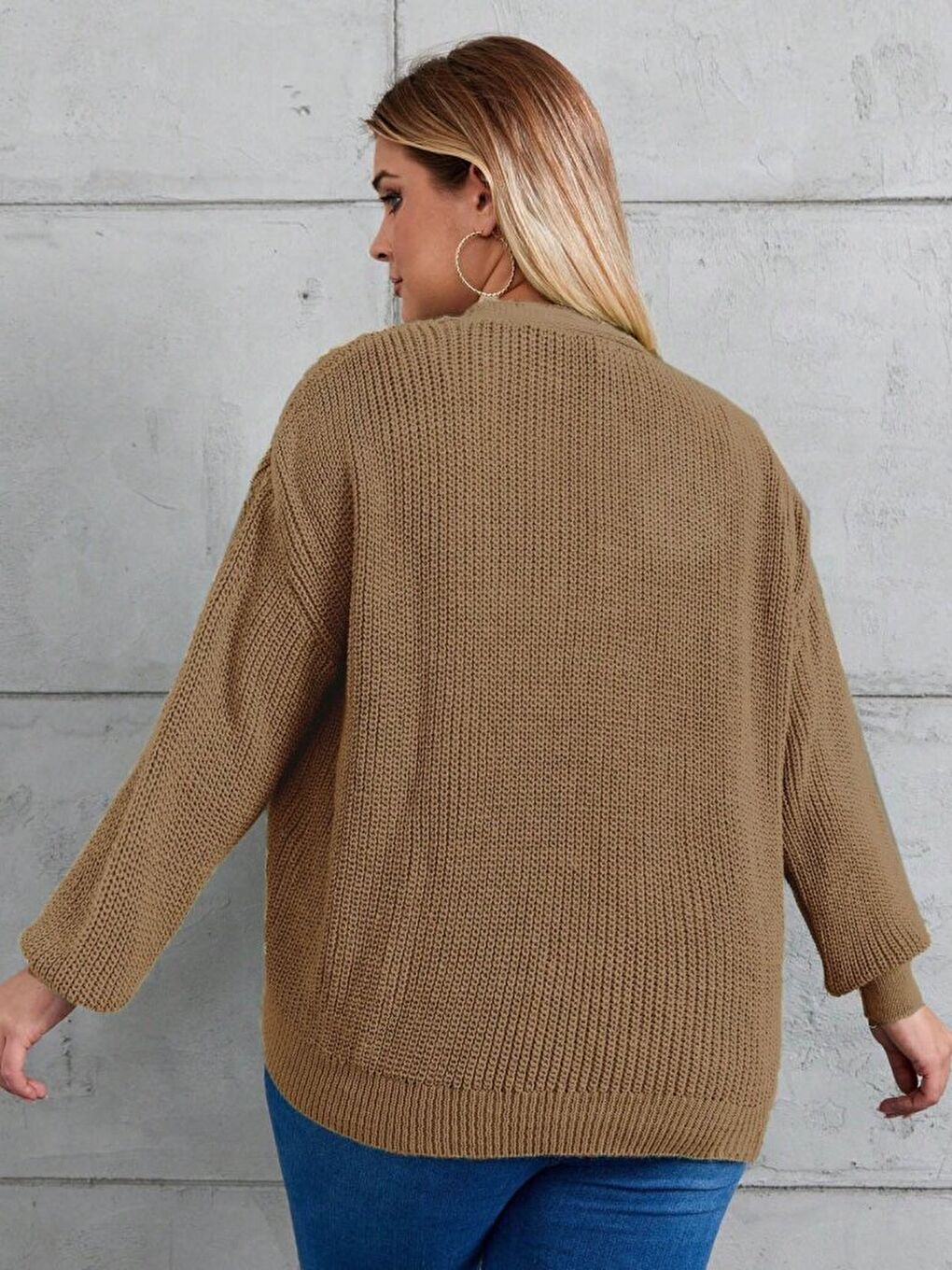 Kahverengi Kadın Beş Düğme Büyük Beden Triko Hırka-4