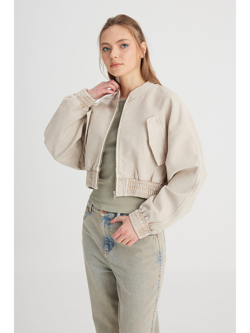Slim Fit Dar Kesim Bisiklet Yaka %100 Pamuk Bej Bomber Ceket-4